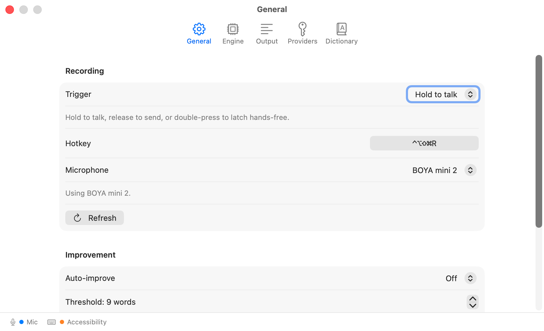 Auto Improve Recorder settings: hold-to-talk trigger, global hotkey, microphone, and auto-improve options.