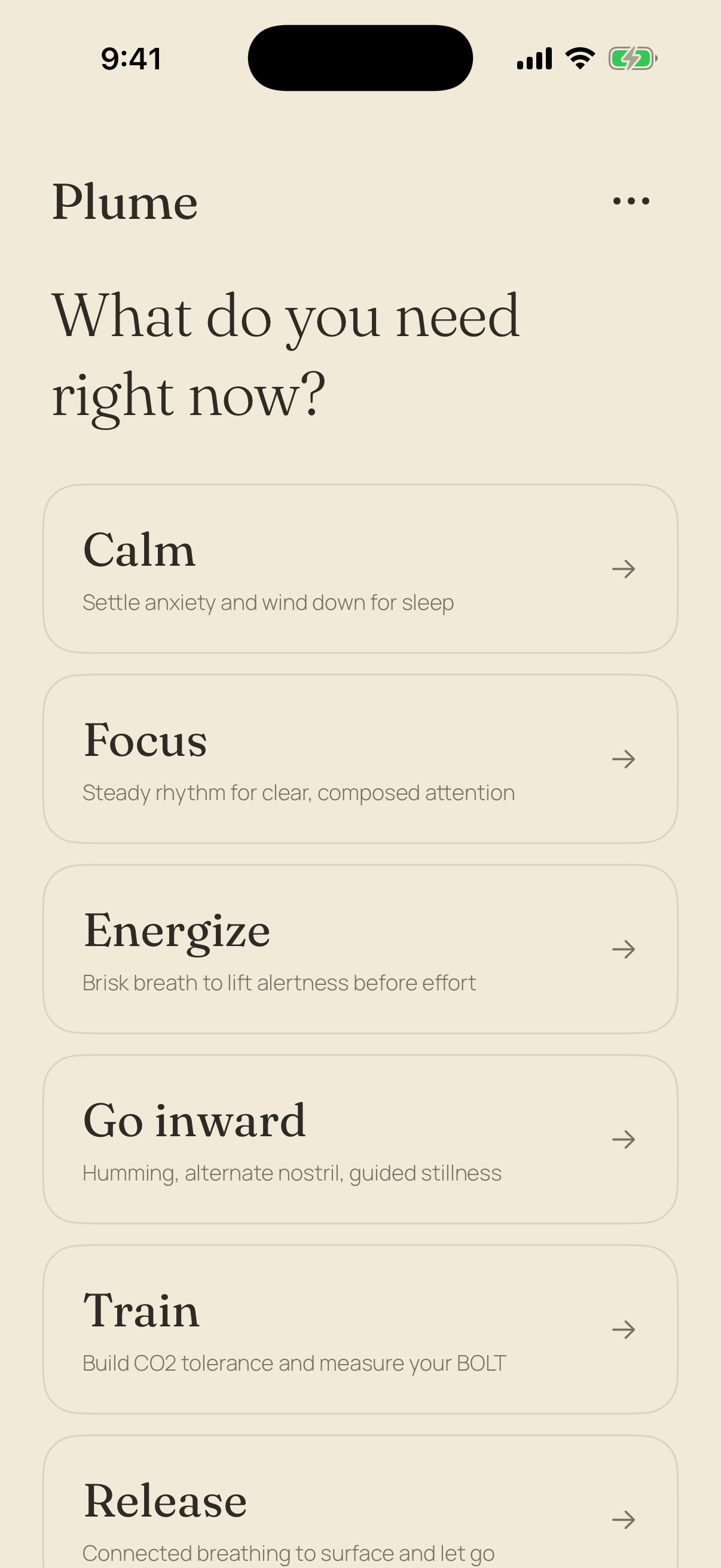 Plume asking what you need right now, with breathing paths: Calm, Focus, Energize, Go inward, Train, Release.