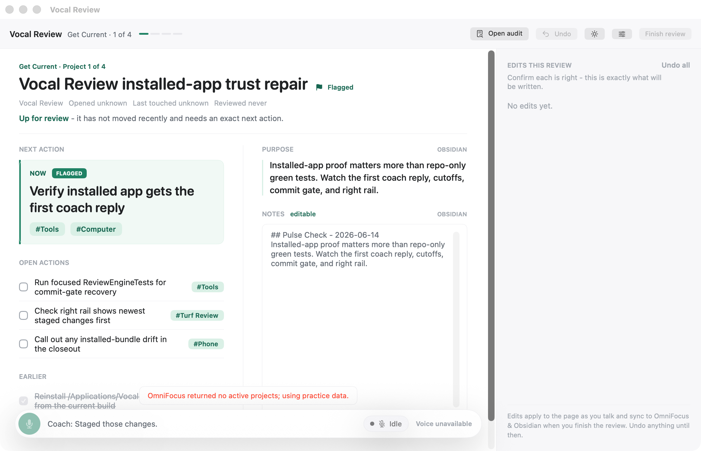 The Vocal Review canvas: a project under review, its next action, and the edits ledger.
